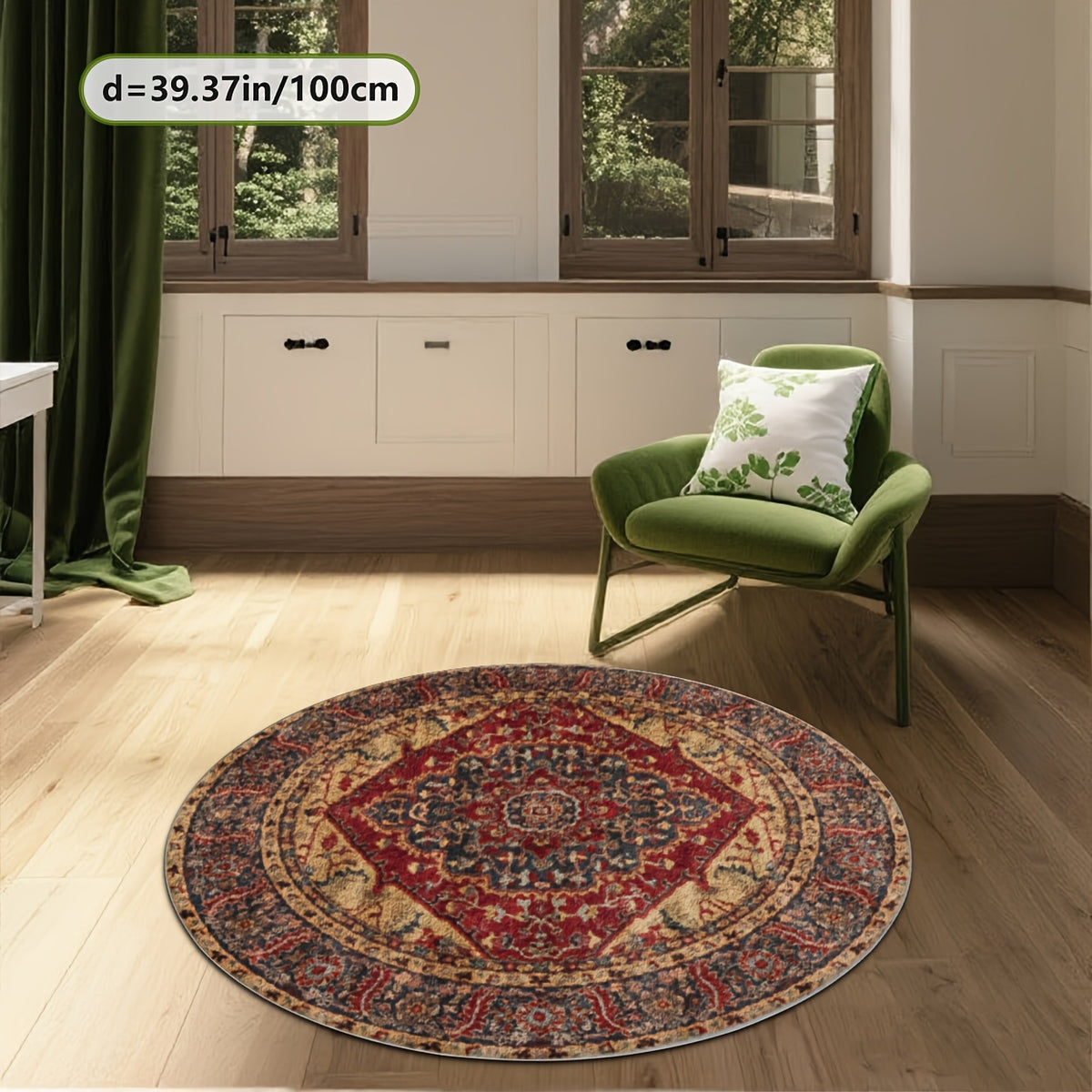Tapis rond bleu ardoise et rouge à losange central, Ø 160 cm