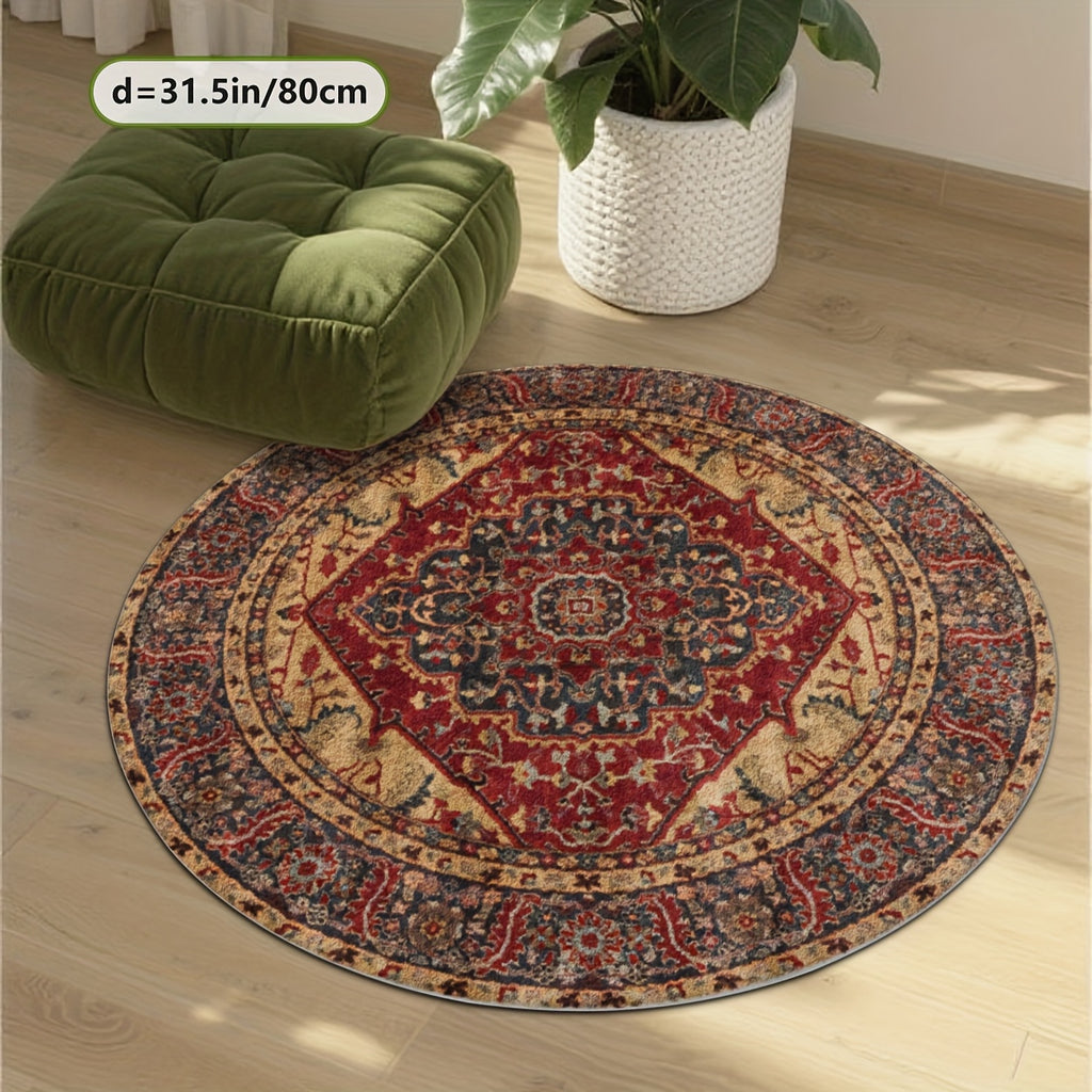Tapis rond bleu ardoise et rouge à losange central, Ø 160 cm