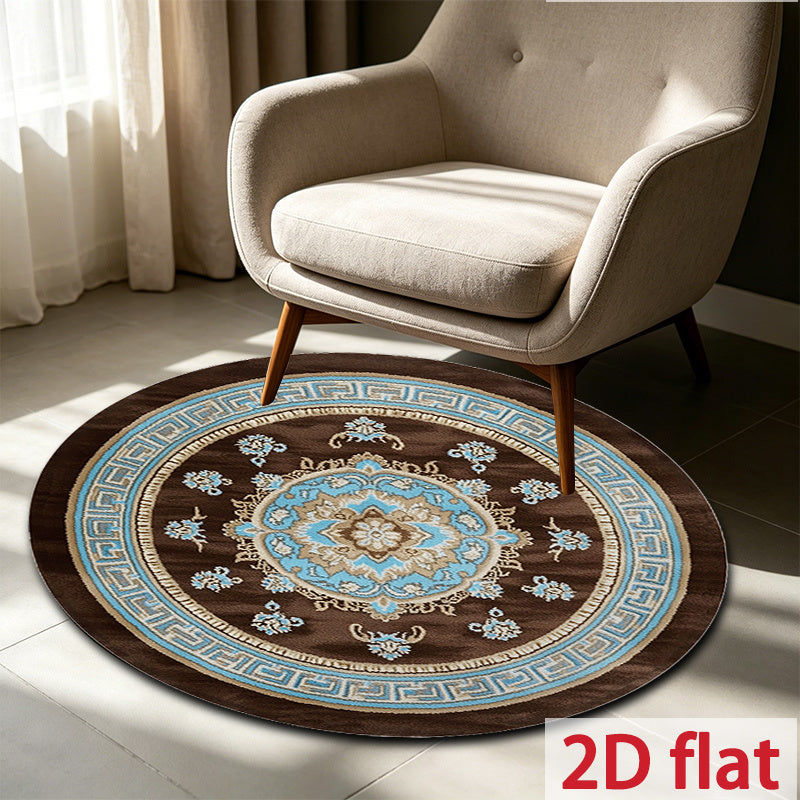 Tapis rond oriental brun à médaillon bleu, quatre diamètres