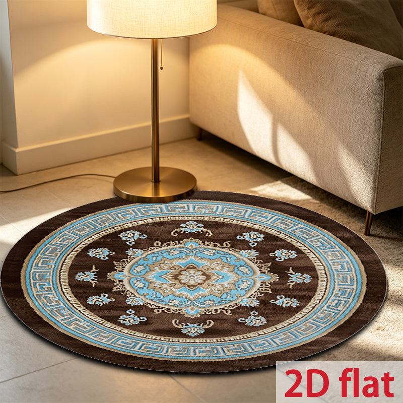 Tapis rond oriental brun à médaillon bleu, quatre diamètres