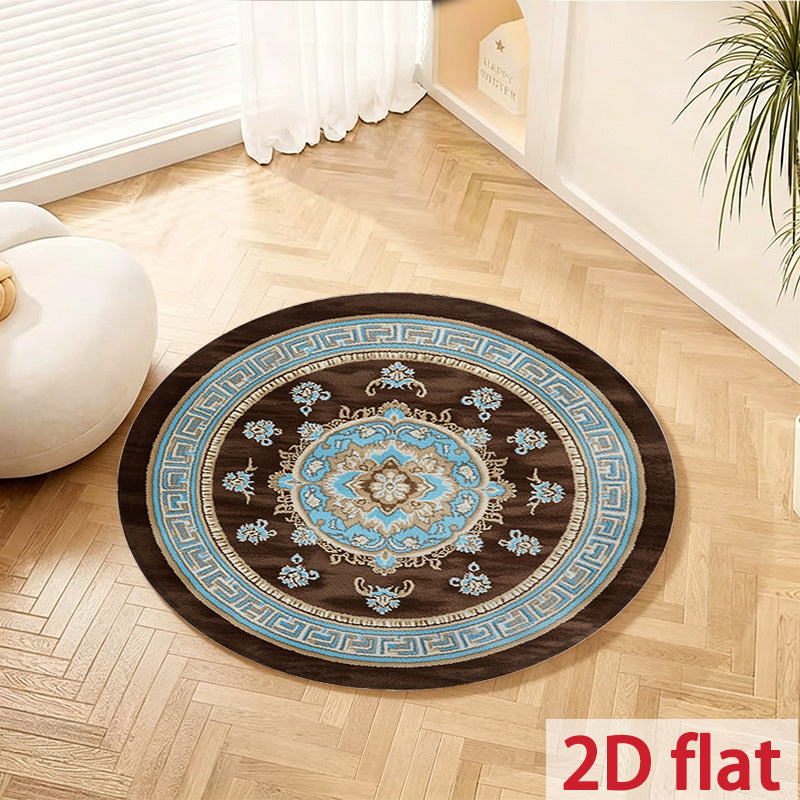 Tapis rond oriental brun à médaillon bleu, quatre diamètres