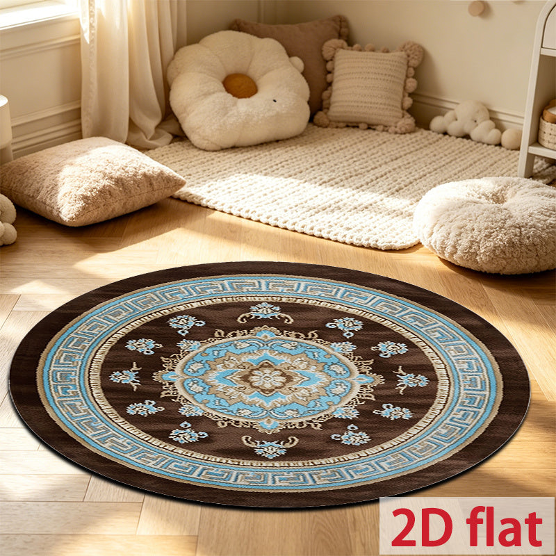 Tapis rond oriental brun à médaillon bleu, quatre diamètres