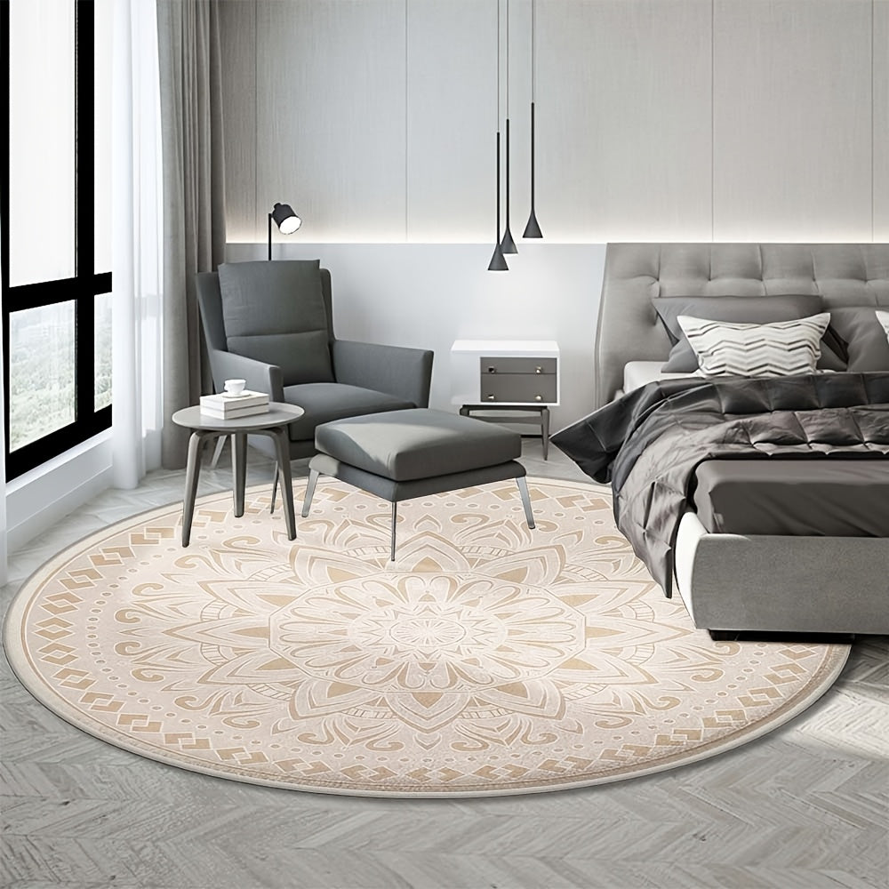 Tapis rond persan crème, médaillon ton sur ton de 6,5 mm