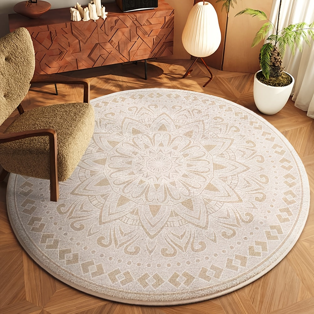 Tapis rond persan crème, médaillon ton sur ton de 6,5 mm