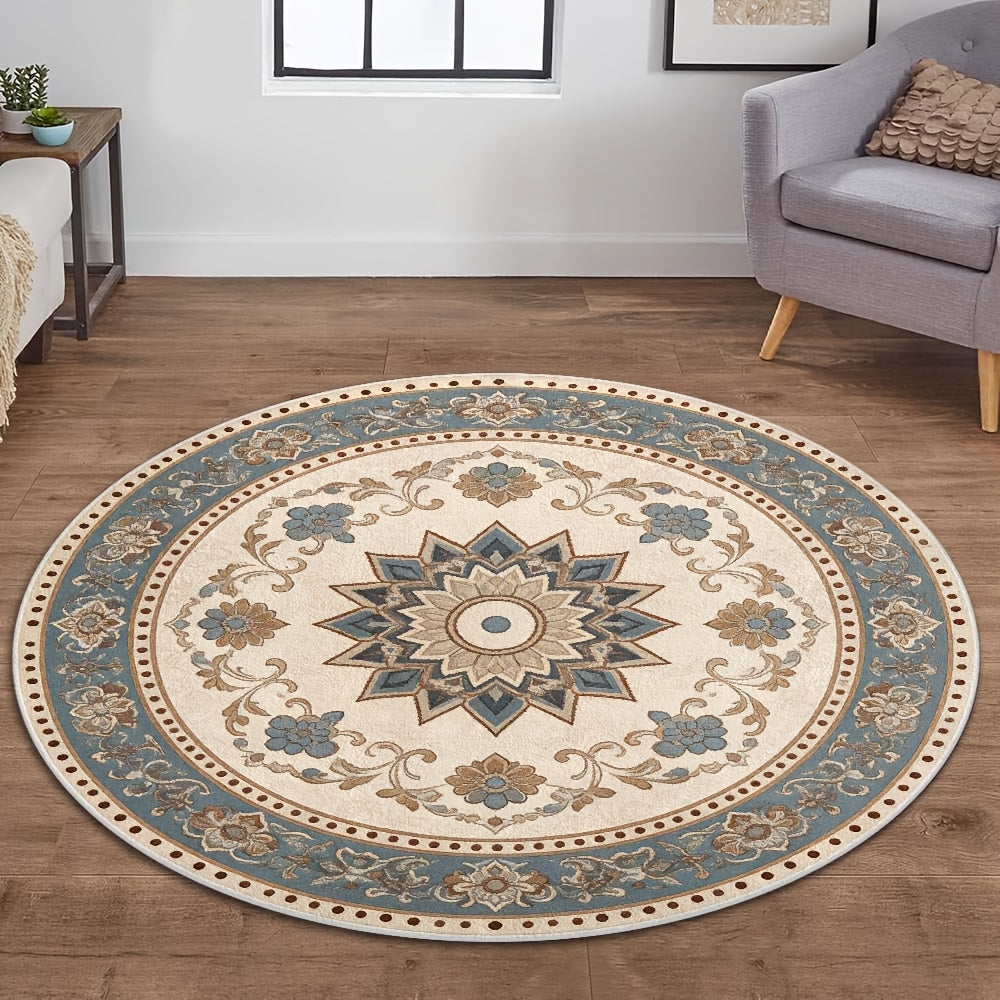 Tapis rond persan ivoire et bleu, dessous PVC photographié