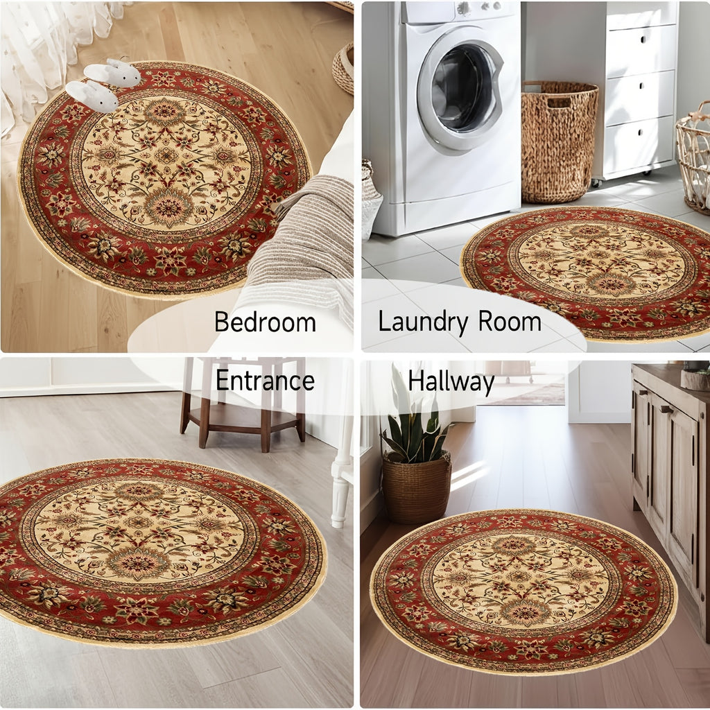 Tapis rond persan ivoire et brique, cinq tailles, Ø 120 à 200