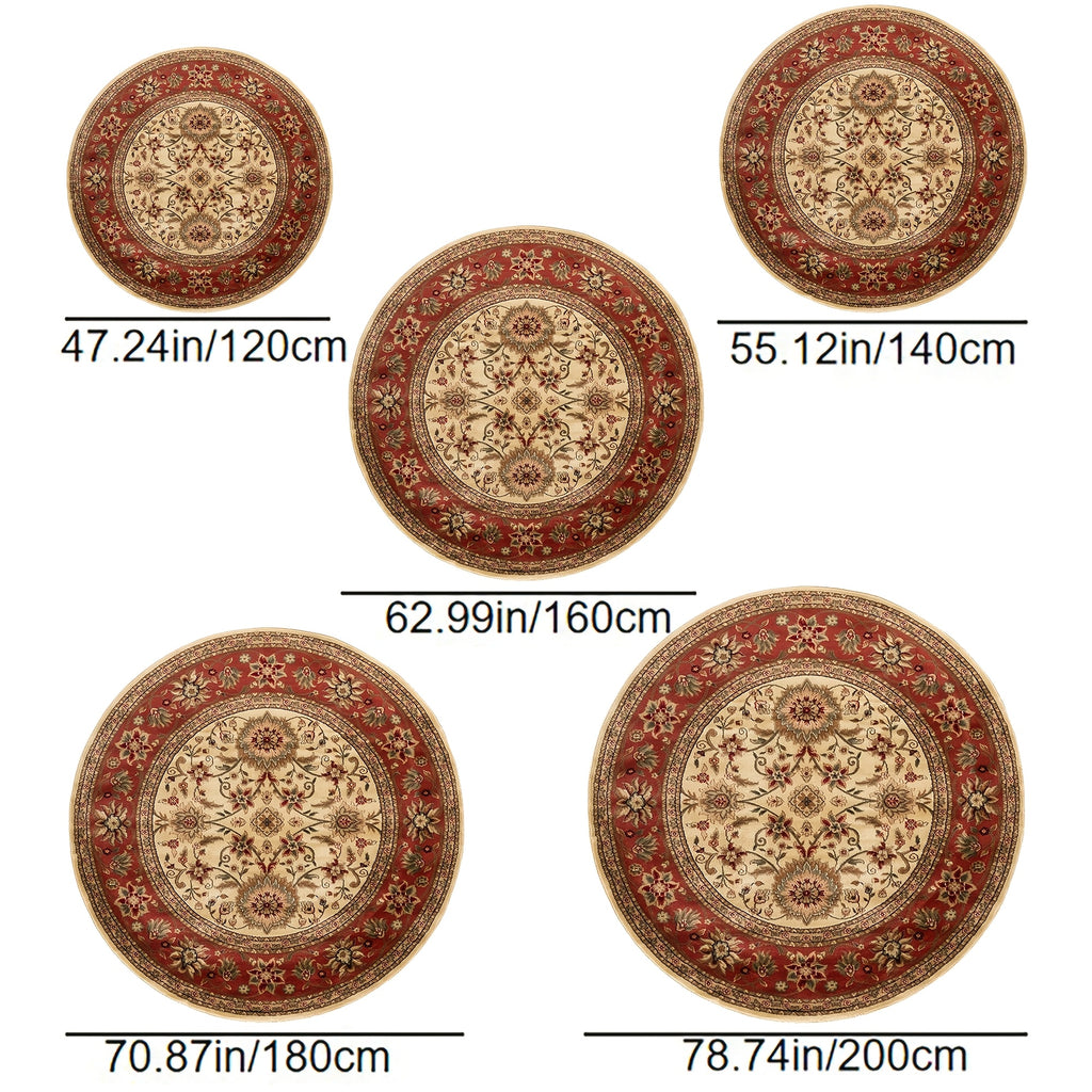 Tapis rond persan ivoire et brique, cinq tailles, Ø 120 à 200