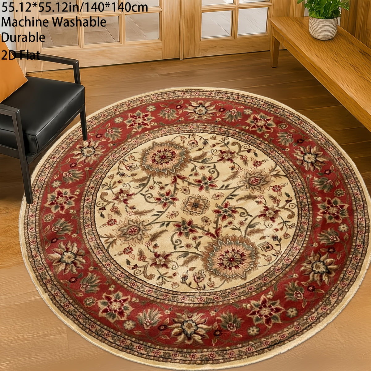 Tapis rond persan ivoire et rouge tissé à plat, Ø 120 à 180