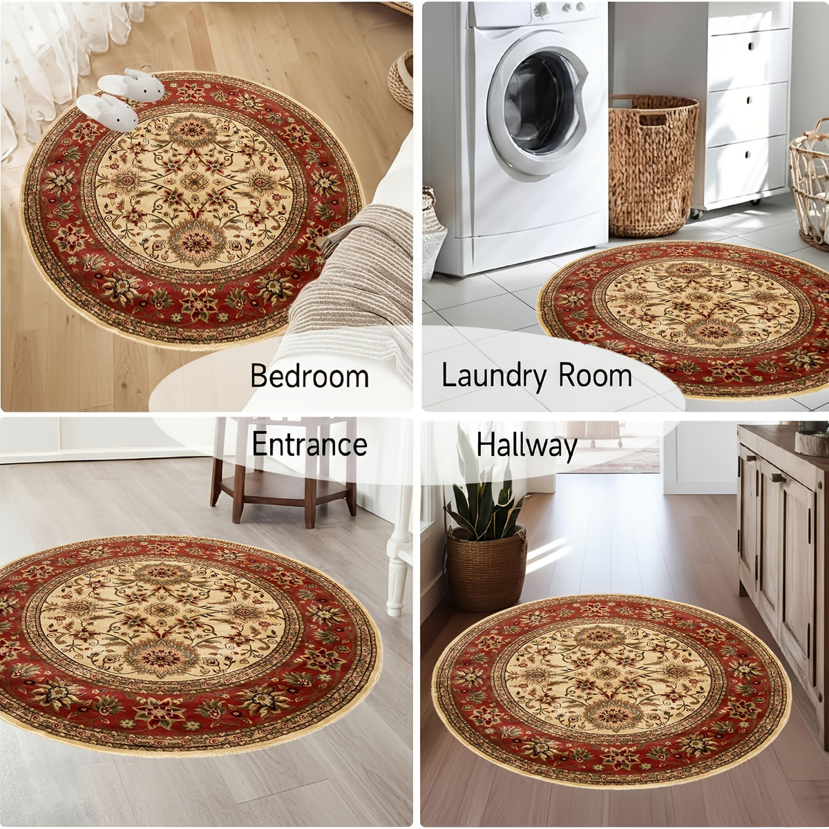 Tapis rond persan ivoire et rouge tissé à plat, Ø 120 à 180