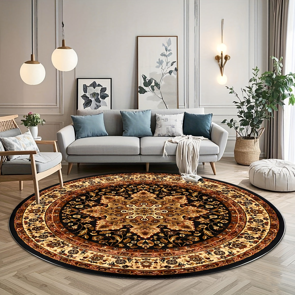 Tapis rond persan noir et or, médaillon fleuri, Ø 160 cm