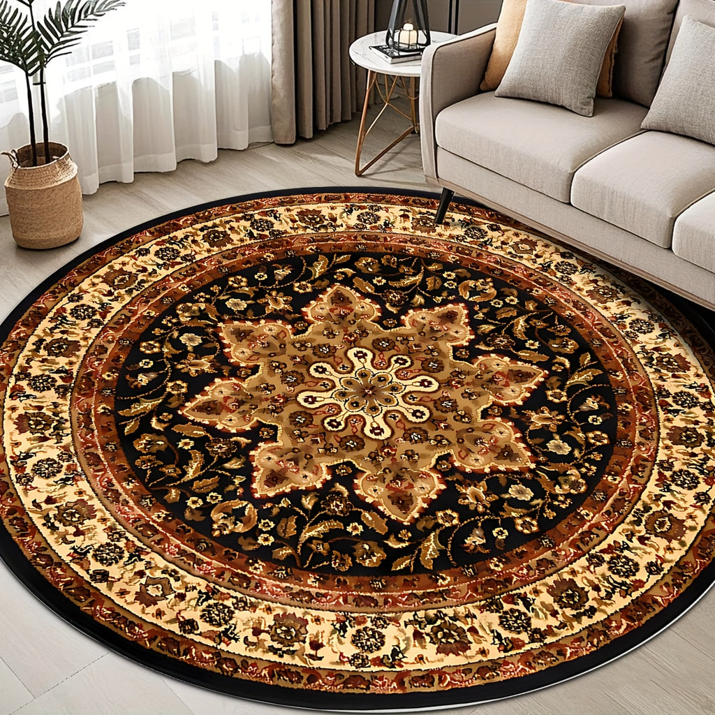Tapis rond persan noir et or, médaillon fleuri, Ø 160 cm