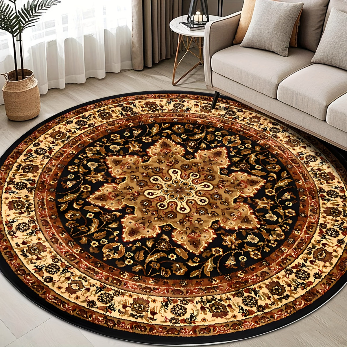 Tapis rond persan noir et or, médaillon fleuri, Ø 160 cm