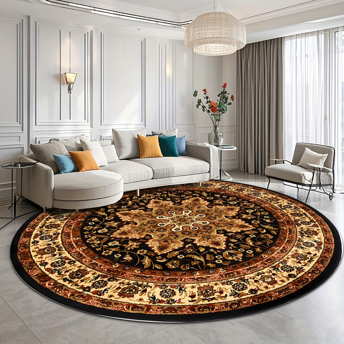 Tapis rond persan noir et or, médaillon fleuri, Ø 160 cm