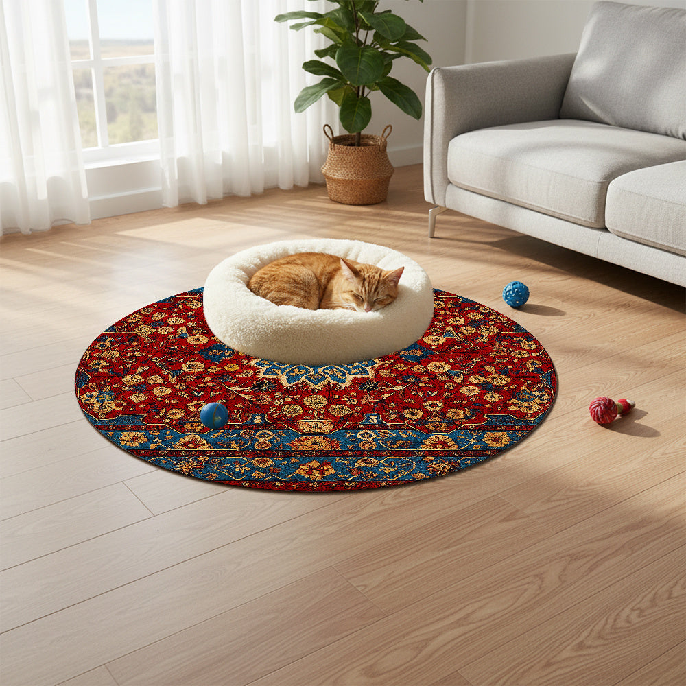 Tapis rond persan rouge et bleu à fleurs dorées, Ø 120 à 160