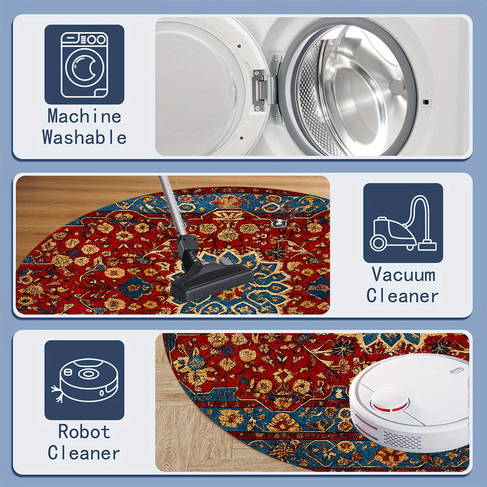 Tapis rond persan rouge et bleu à fleurs dorées, Ø 120 à 160