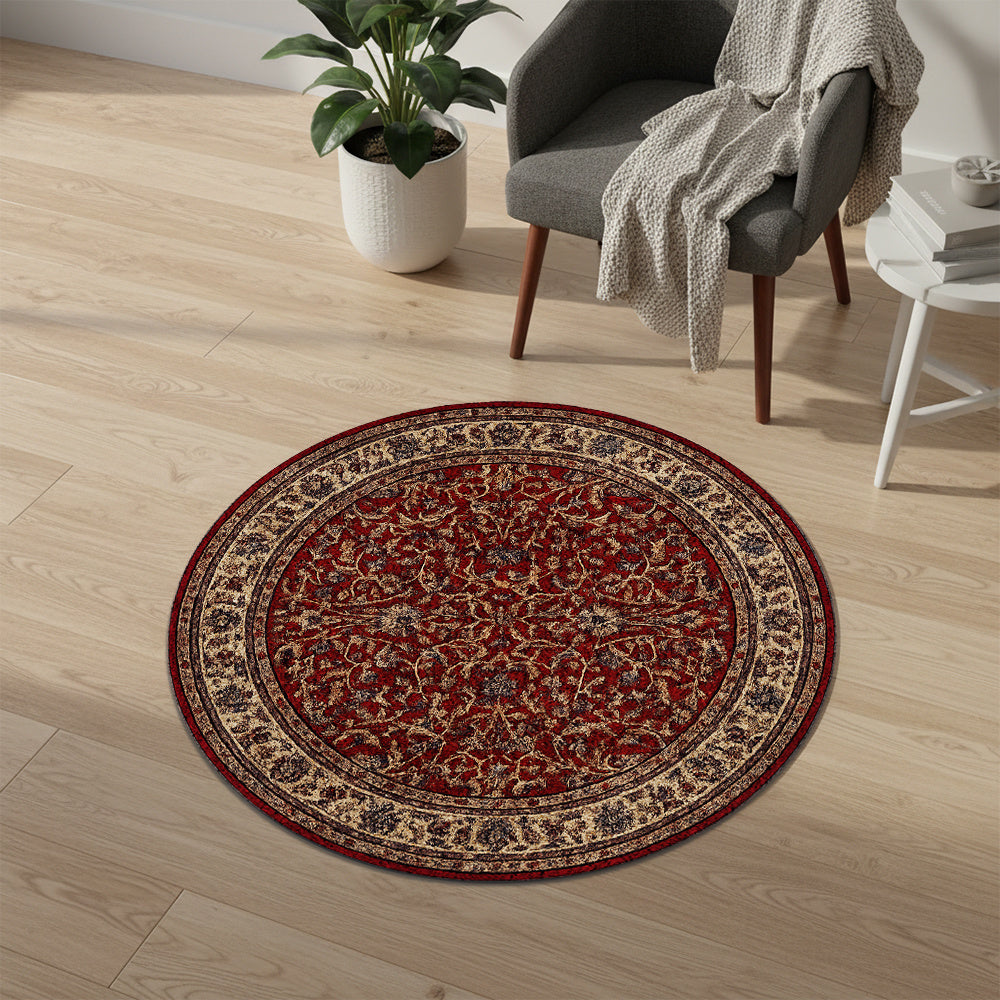 Tapis rond persan rouge à bordure ivoire, Ø 120 et Ø 140