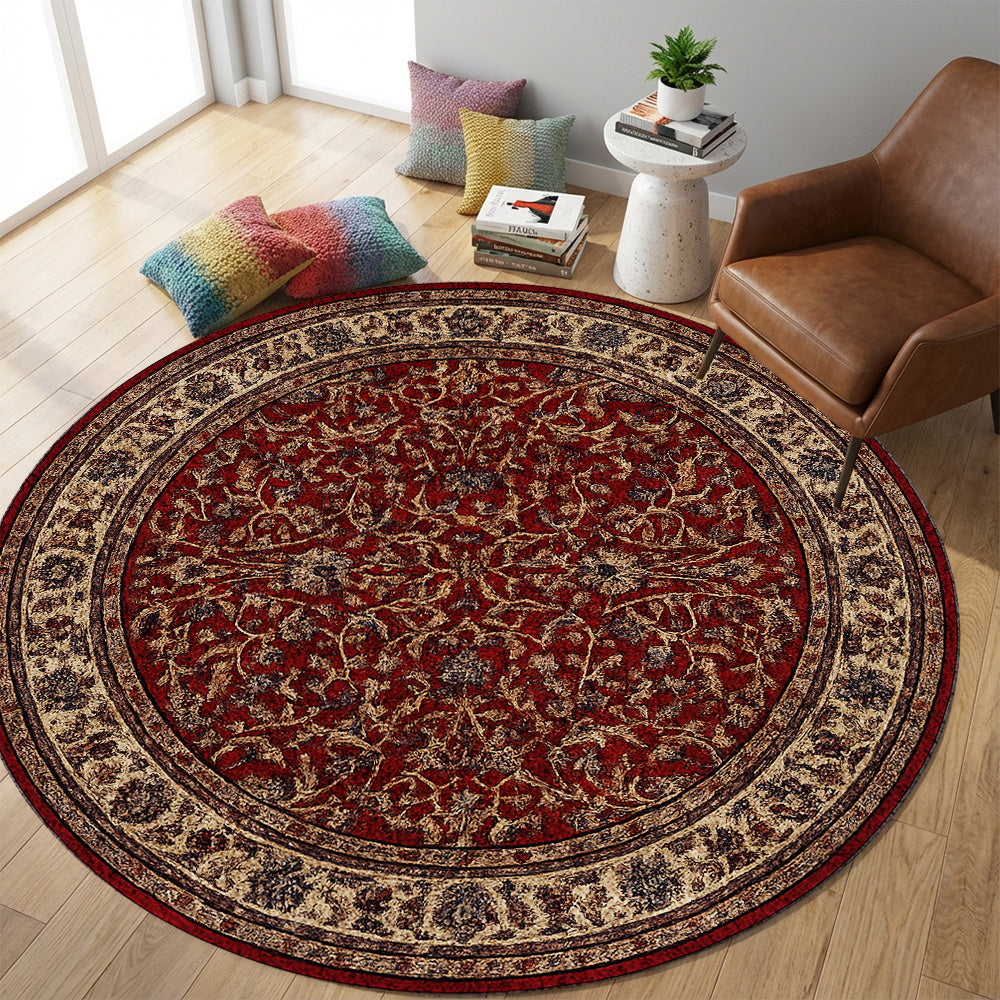 Tapis rond persan rouge à bordure ivoire, Ø 120 et Ø 140