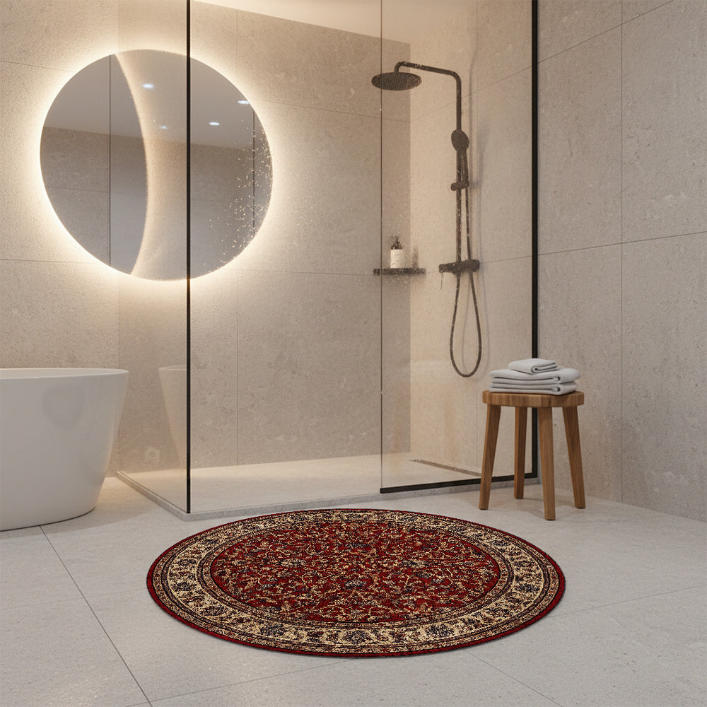 Tapis rond persan rouge à bordure ivoire, Ø 120 et Ø 140