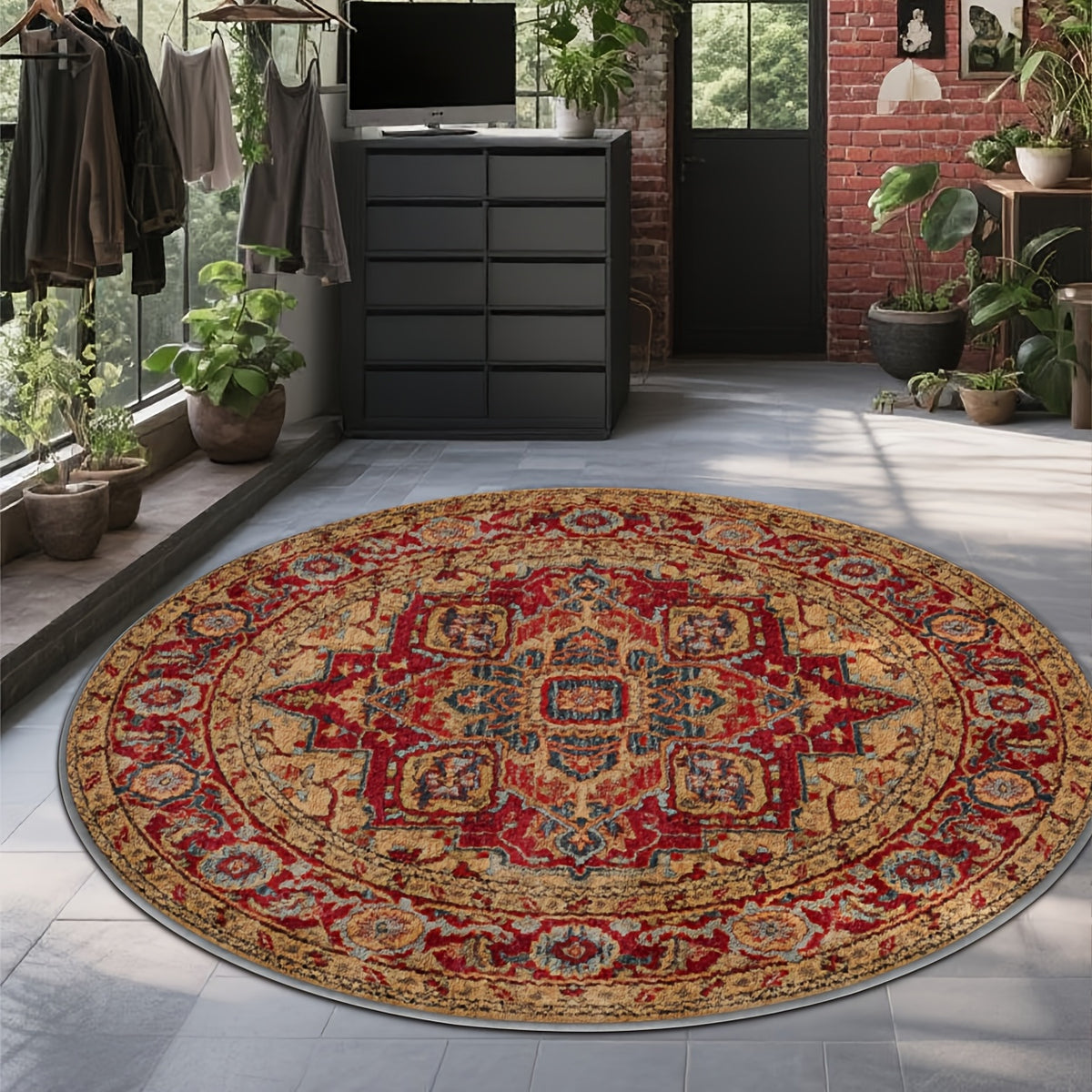 Grand tapis rond safran et rouge, médaillon étoilé, Ø 160 cm