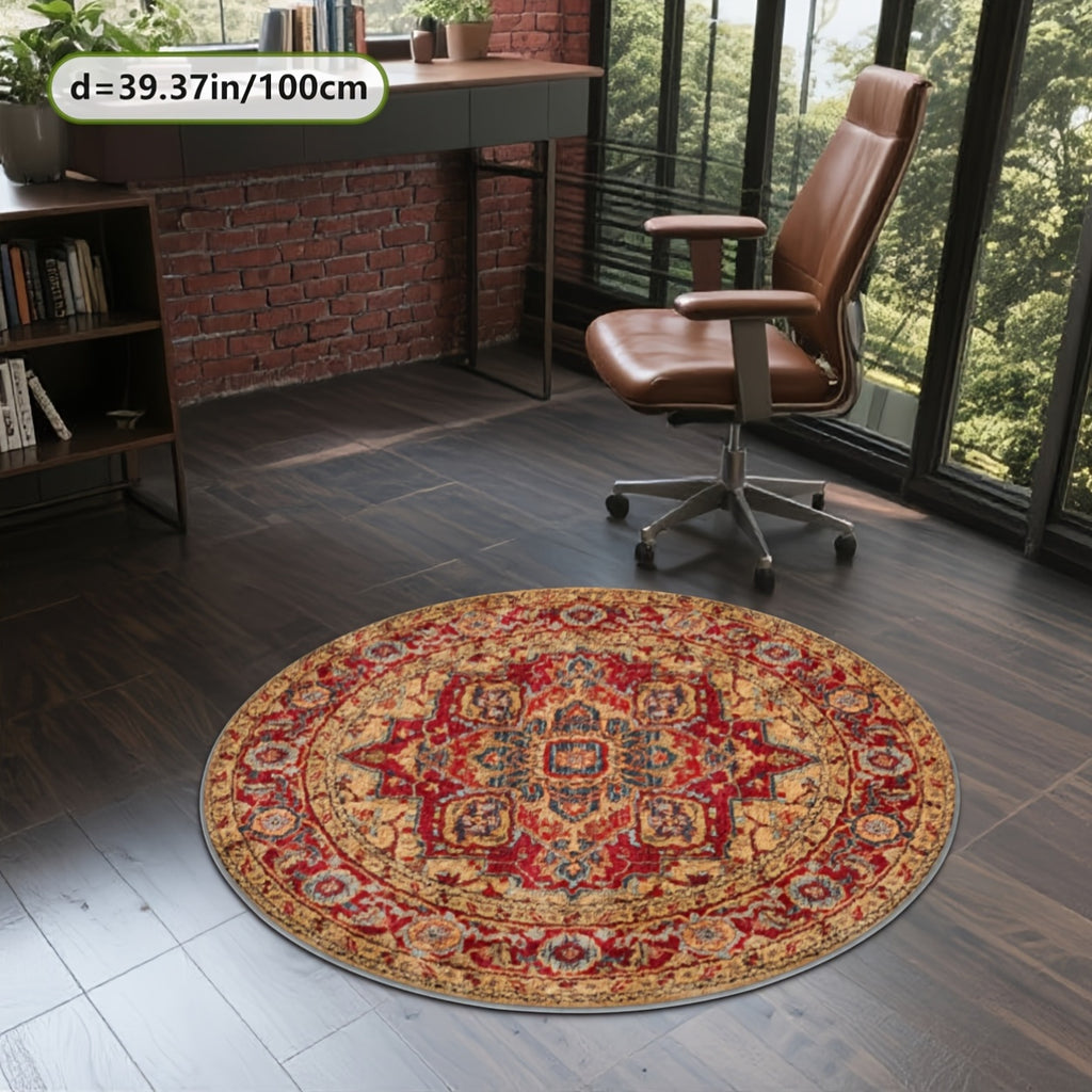 Grand tapis rond safran et rouge, médaillon étoilé, Ø 160 cm