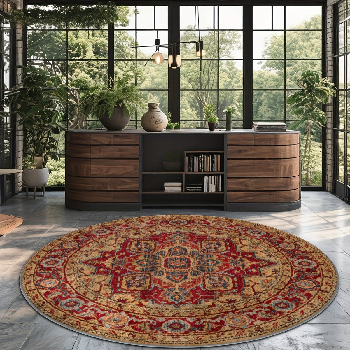 Grand tapis rond safran et rouge, médaillon étoilé, Ø 160 cm