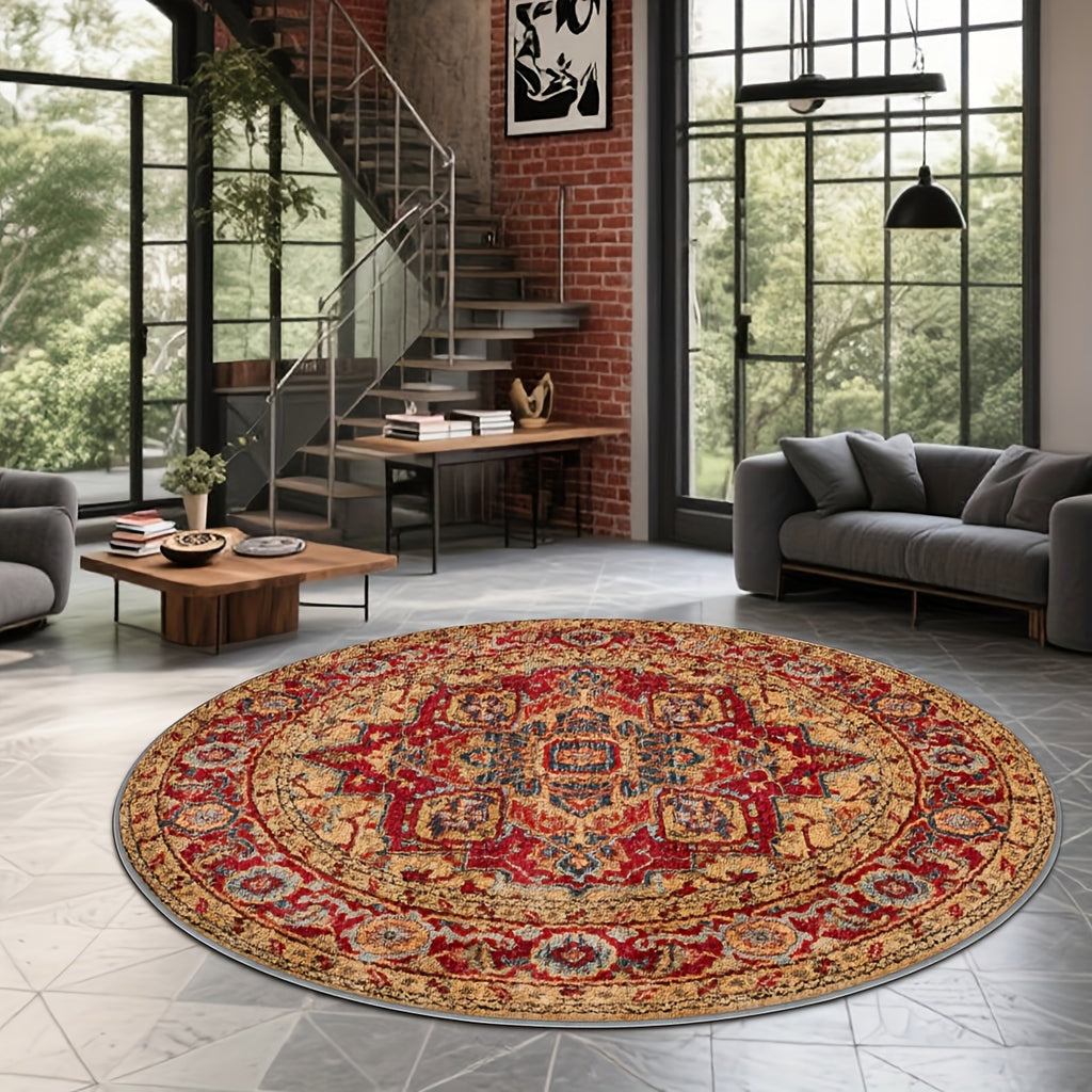 Grand tapis rond safran et rouge, médaillon étoilé, Ø 160 cm