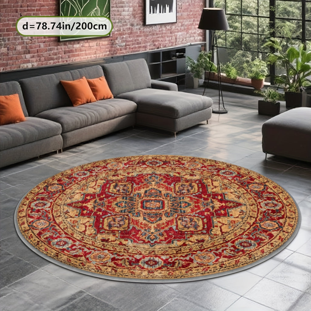 Grand tapis rond safran et rouge, médaillon étoilé, Ø 160 cm