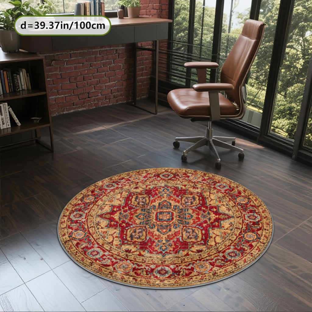 Grand tapis rond safran et rouge, médaillon étoilé, Ø 160 cm