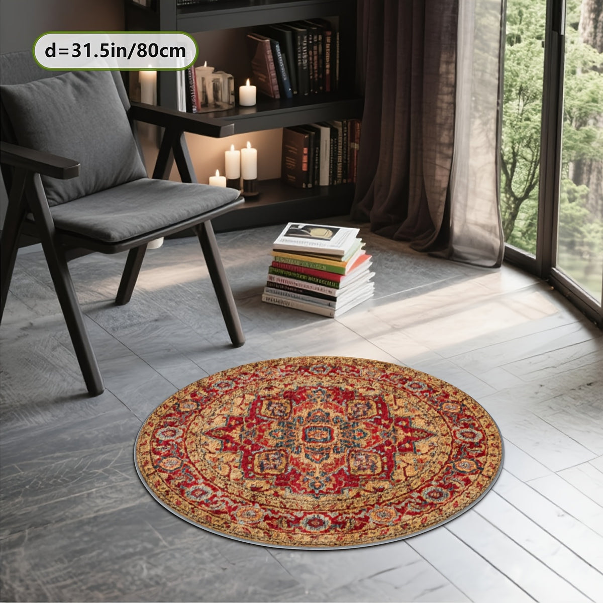 Grand tapis rond safran et rouge, médaillon étoilé, Ø 160 cm