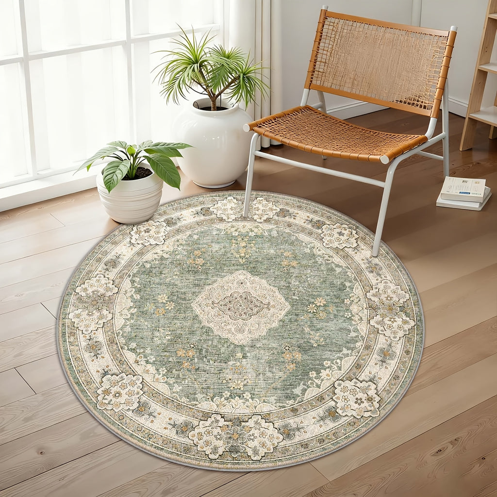 Tapis rond persan vert sauge Ø 180 cm, velours ras lavable
