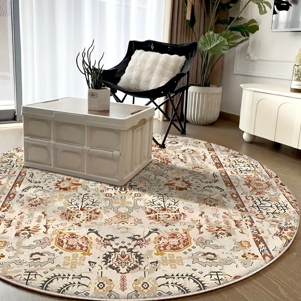 Tapis rond motif persan vieilli, ivoire, rouille et ocre
