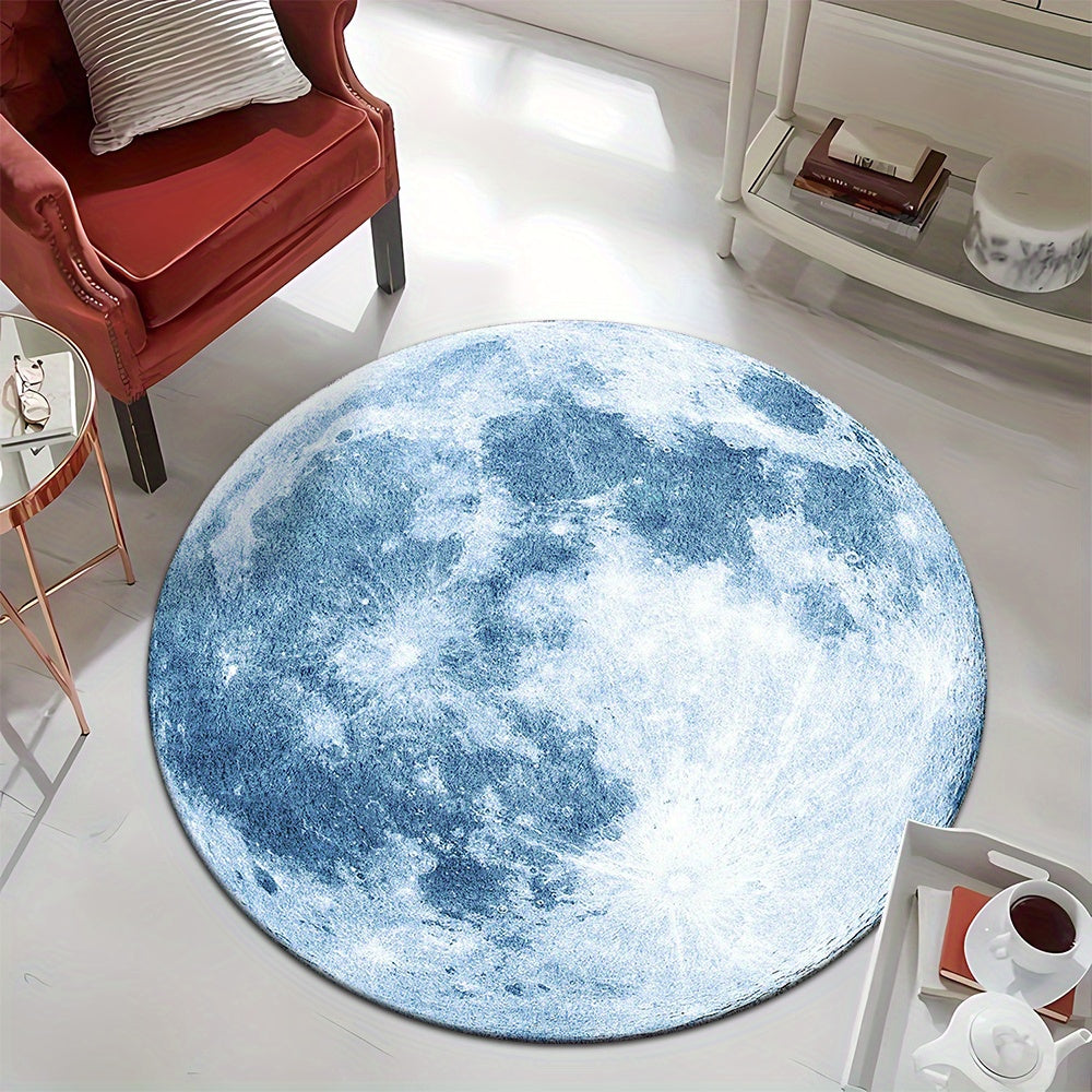 Tapis rond pleine lune bleu-gris, cratères et mers lunaires