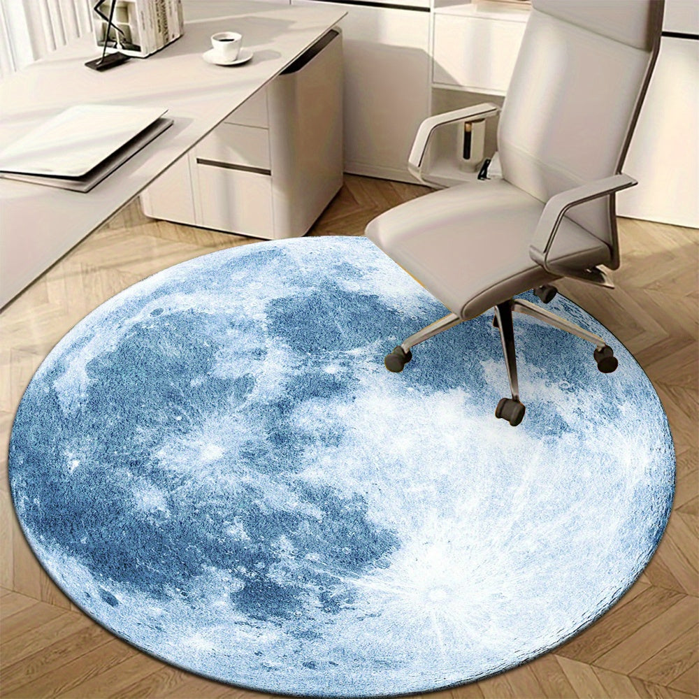Tapis rond pleine lune bleu-gris, cratères et mers lunaires