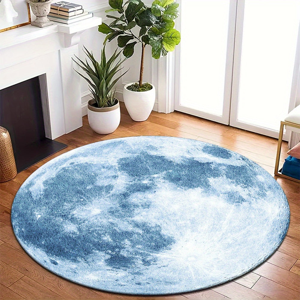 Tapis rond pleine lune bleu-gris, cratères et mers lunaires