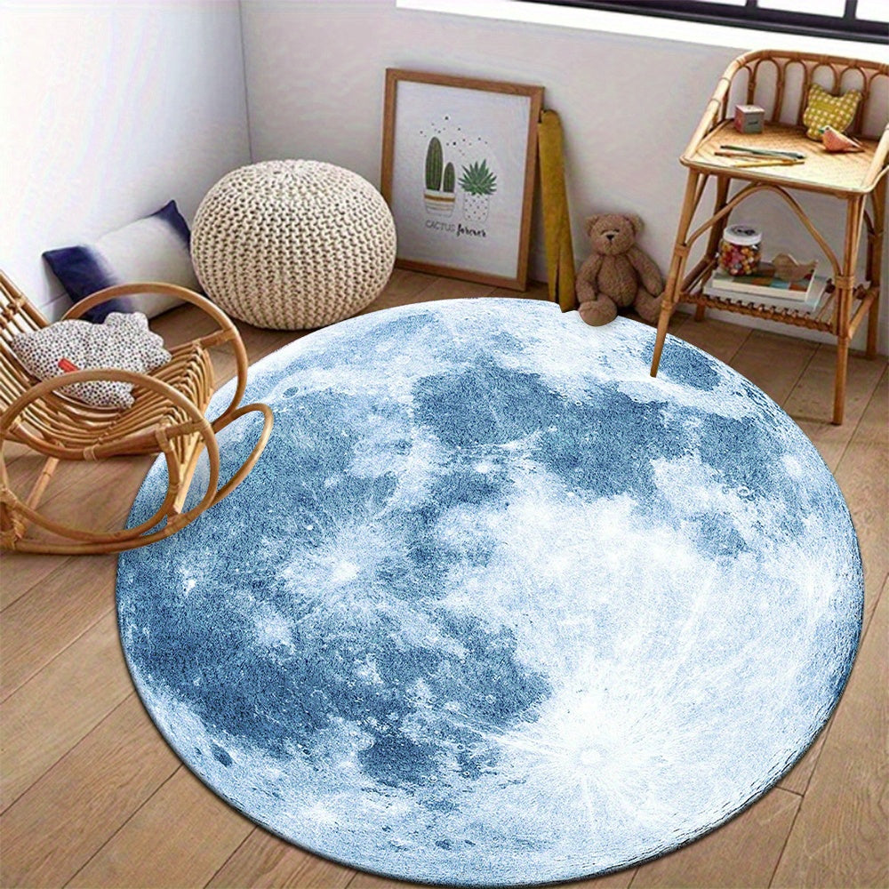 Tapis rond pleine lune bleu-gris, cratères et mers lunaires