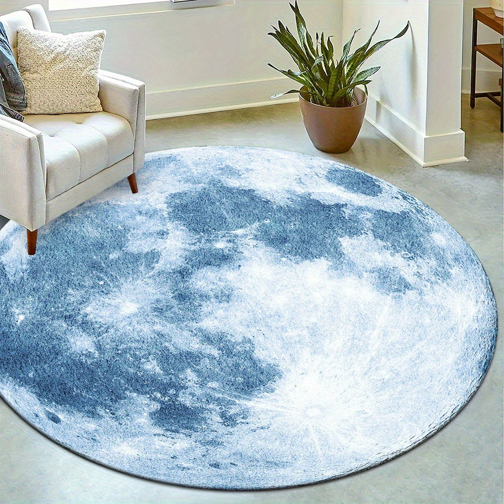Tapis rond pleine lune bleu-gris, cratères et mers lunaires