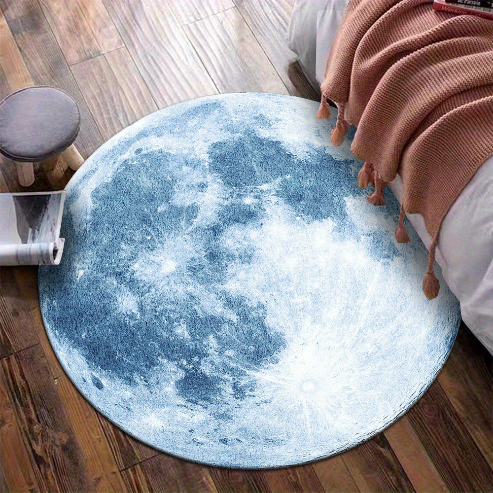 Tapis rond pleine lune bleu-gris, cratères et mers lunaires