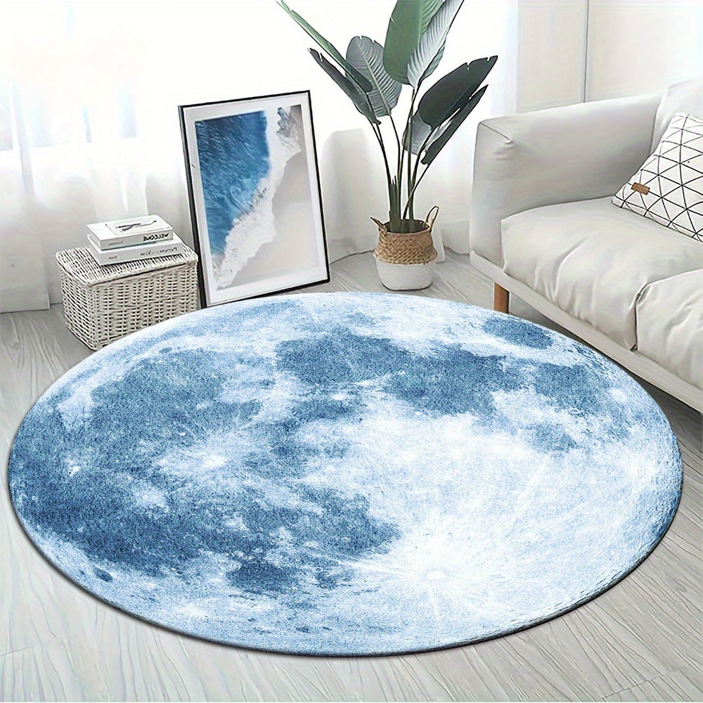 Tapis rond pleine lune bleu-gris, cratères et mers lunaires