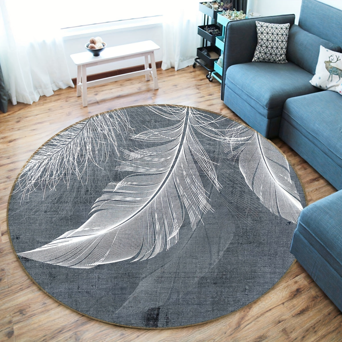 Tapis rond à grande plume, gris ardoise ou crème, Ø 80 à 150 cm