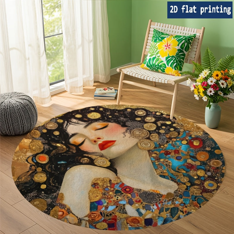 Tapis rond portrait doré Art nouveau, velours ras lavable