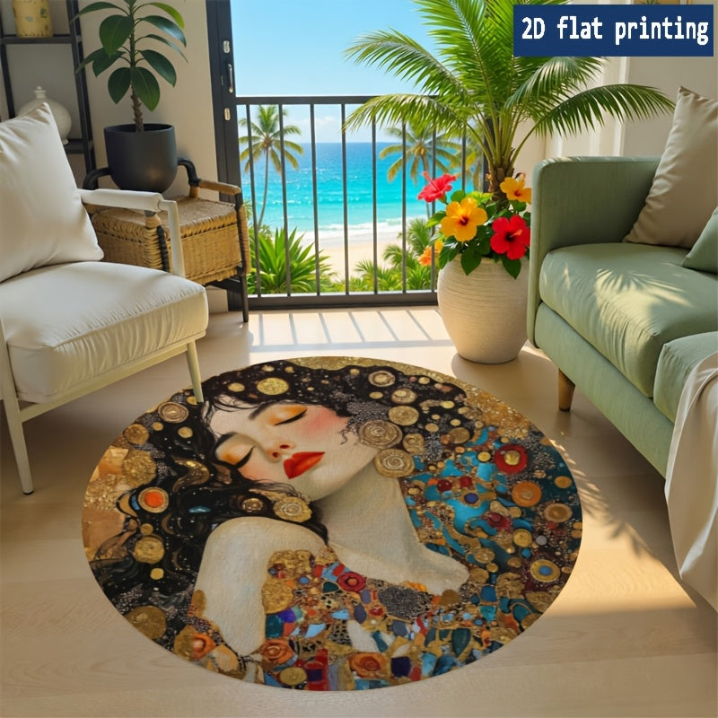Tapis rond portrait doré Art nouveau, velours ras lavable