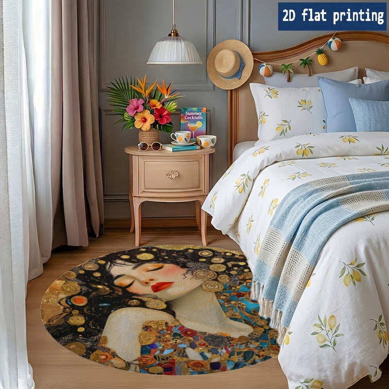 Tapis rond portrait doré Art nouveau, velours ras lavable