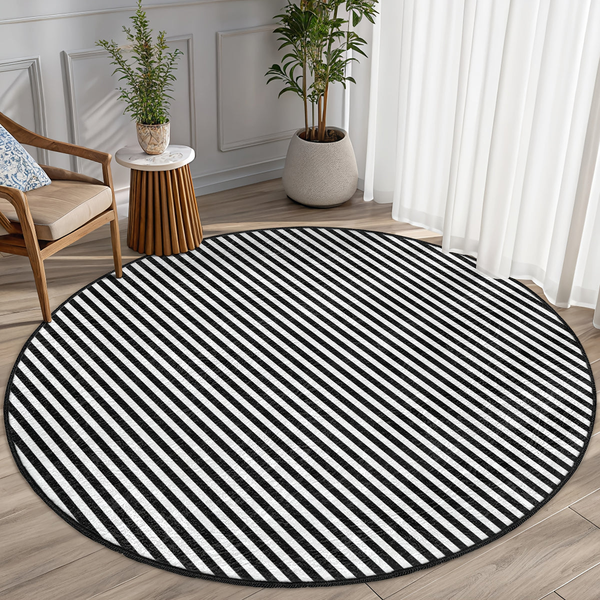 Tapis rond à rayures obliques noires et blanches, Ø 180 cm
