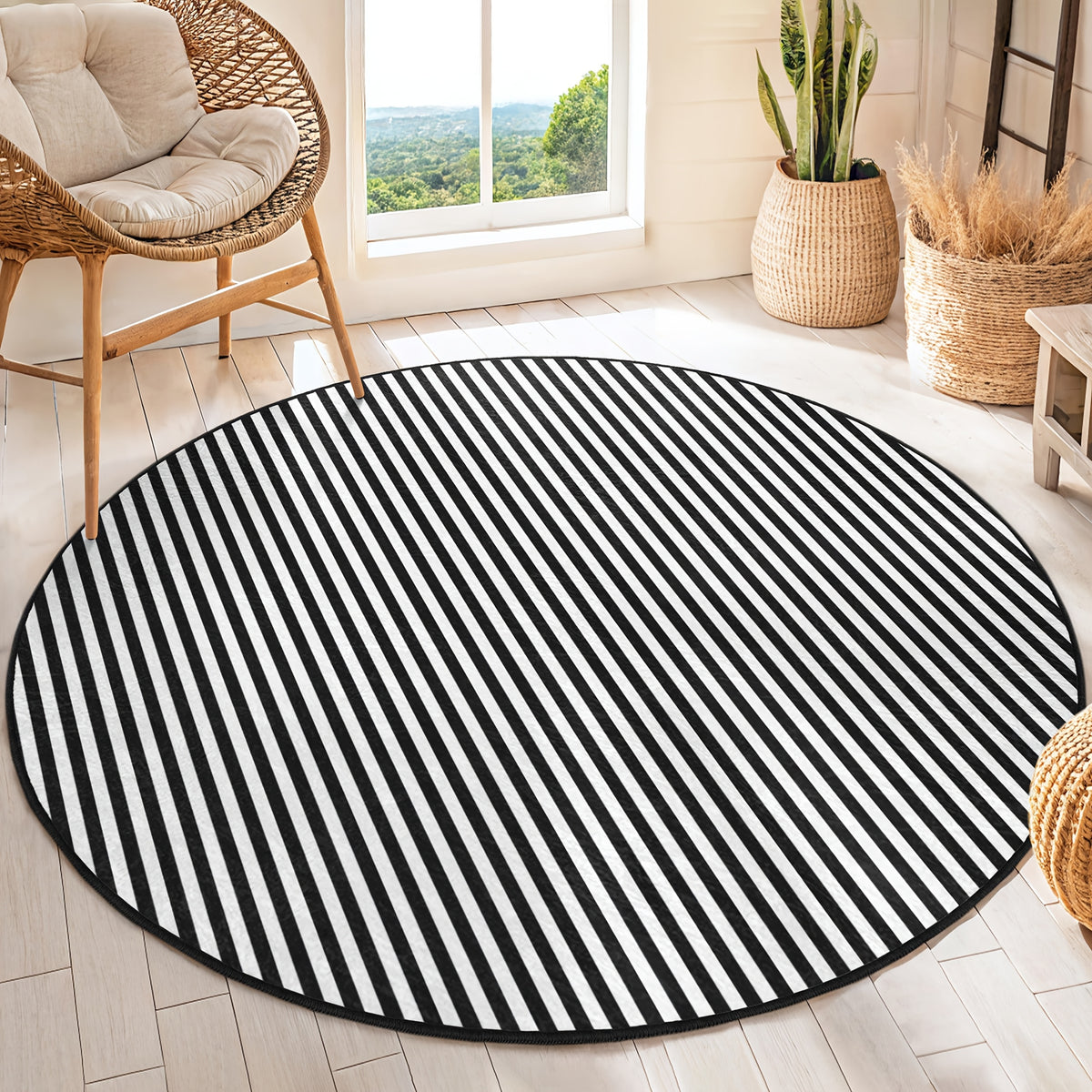 Tapis rond à rayures obliques noires et blanches, Ø 180 cm