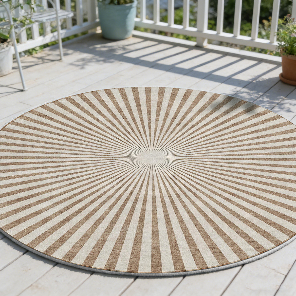 Tapis rond à rayons d'ombrelle marron et crème, lavable machine