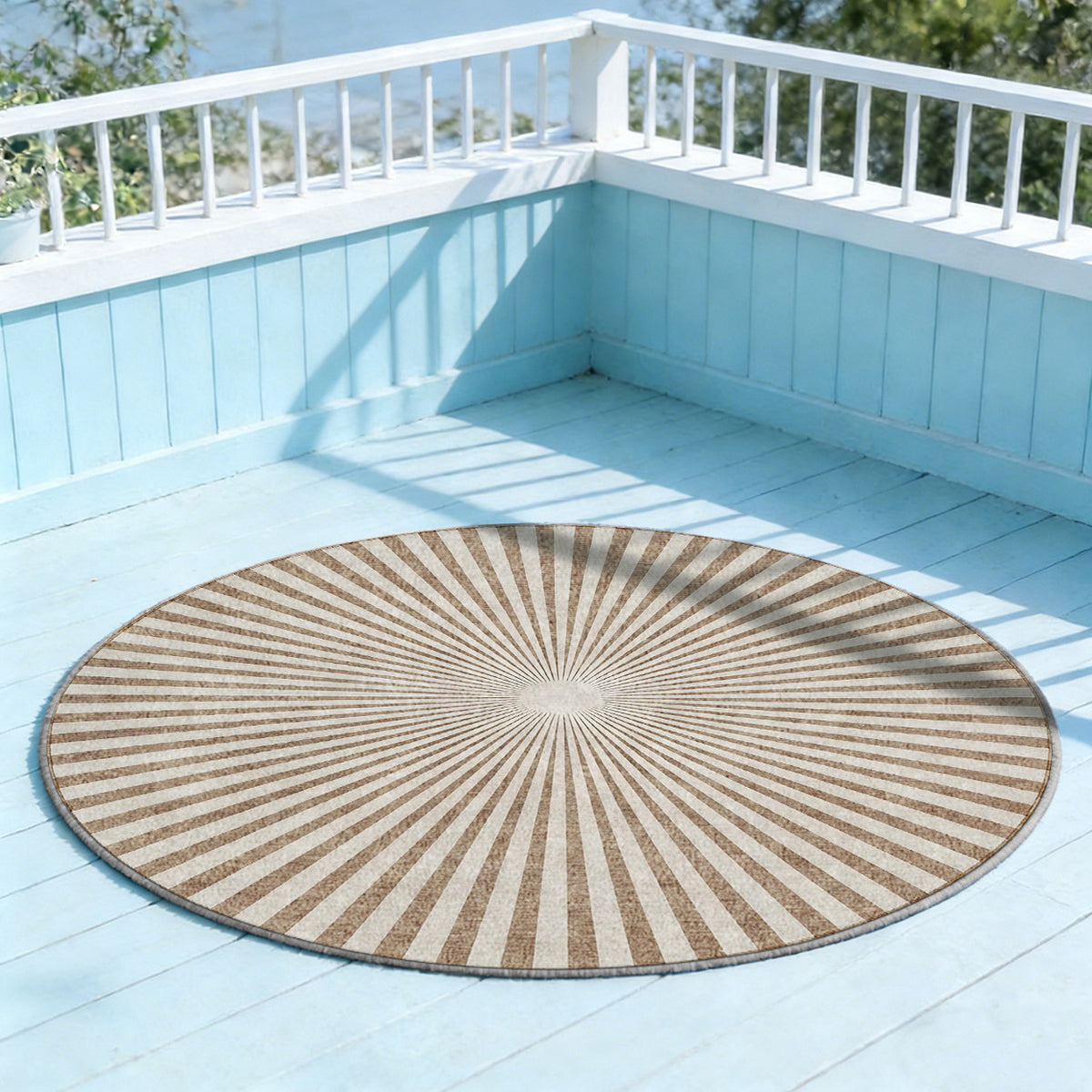Tapis rond à rayons d'ombrelle marron et crème, lavable machine