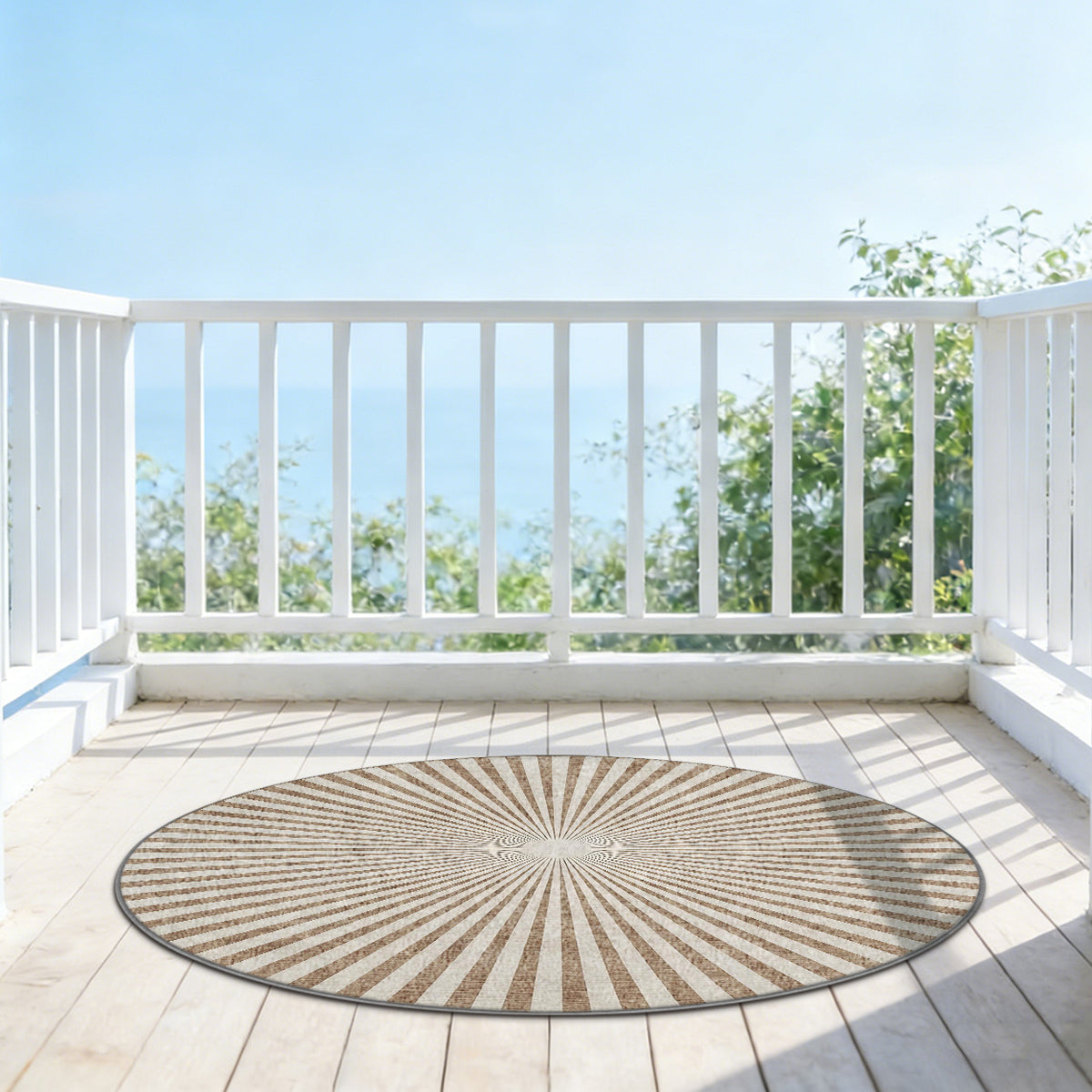 Tapis rond à rayons d'ombrelle marron et crème, lavable machine