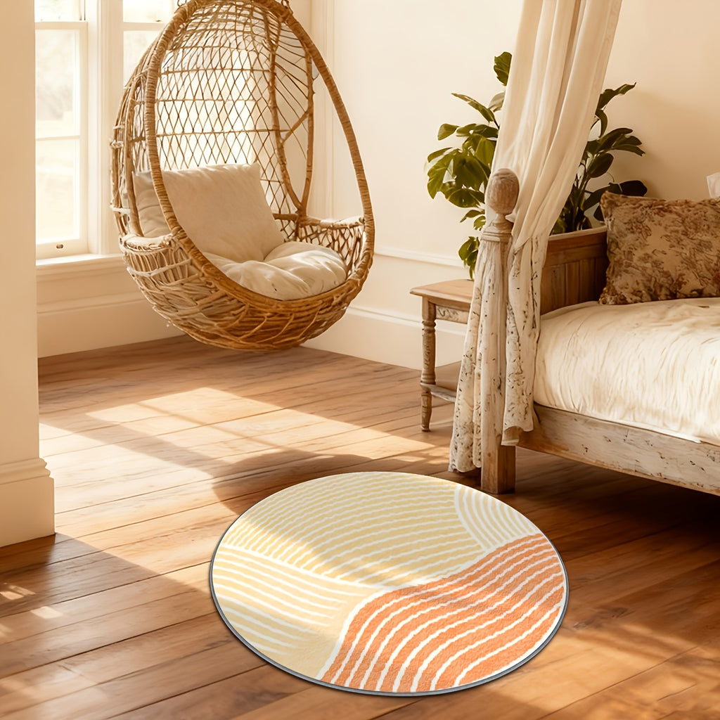 Tapis rond à rayures jaune et corail, cinq formats dès 32,90