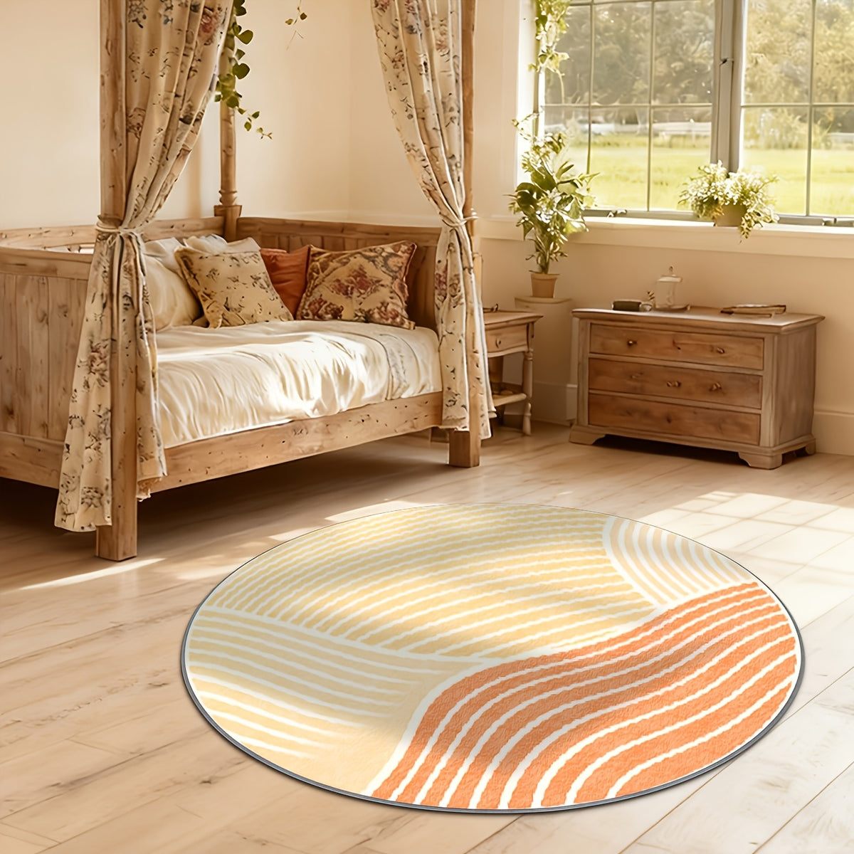 Tapis rond à rayures jaune et corail, cinq formats dès 32,90