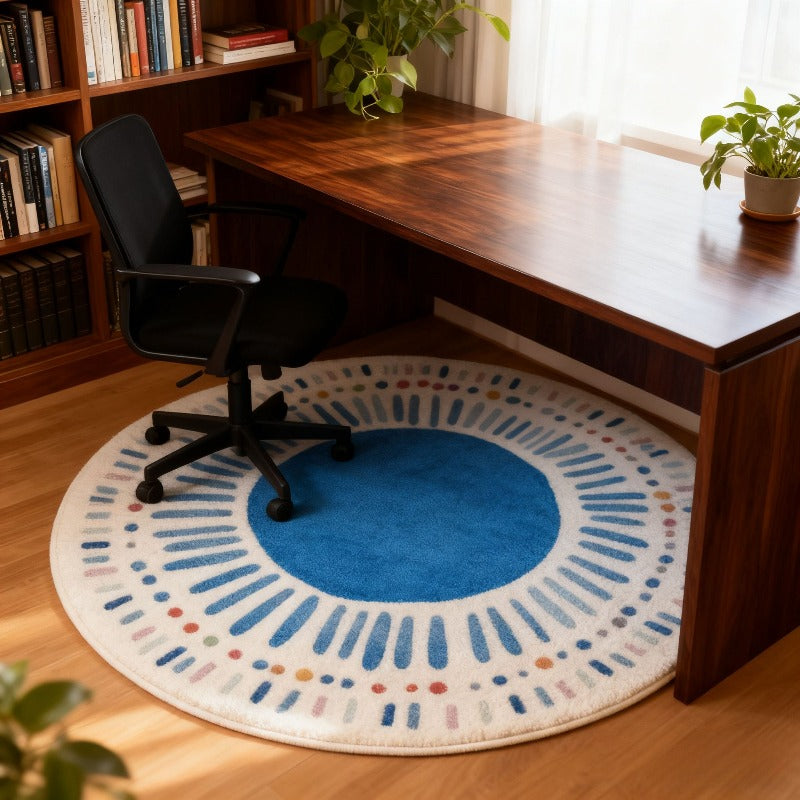 Tapis rond rosace bleue sur écru, Ø 100 cm tissé à plat